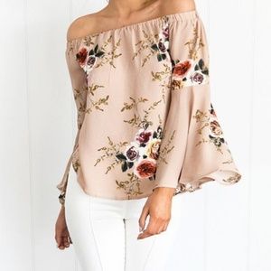 Floral Print Off Shoulder Trumpet Sleeve Blouse
